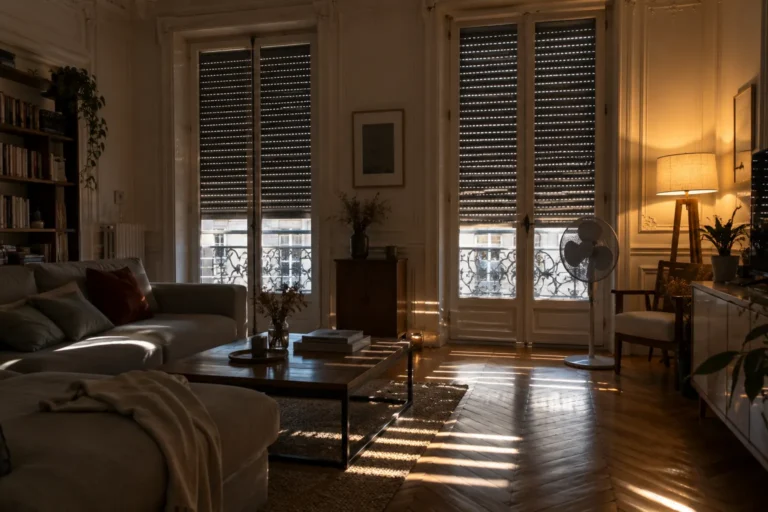 Appartement lyonnais volets roulants baissés en pleine journée d'été pour se protéger de la chaleur