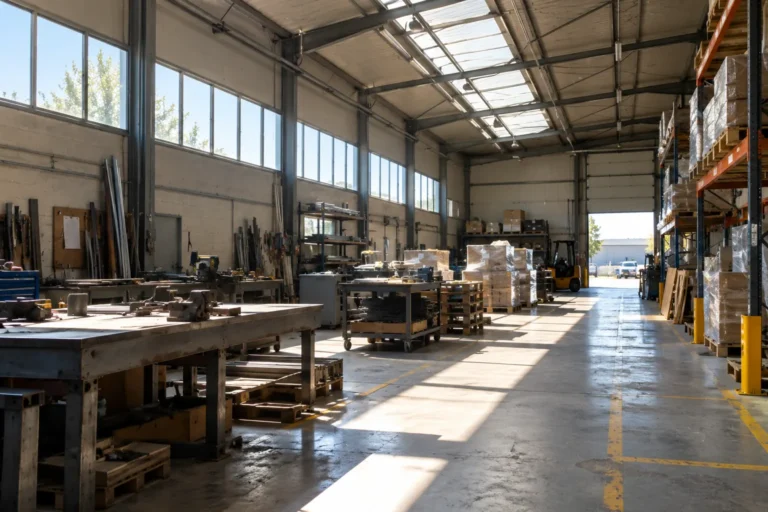 Atelier industriel avec fenêtres hautes et verrières, soleil direct sur les établis