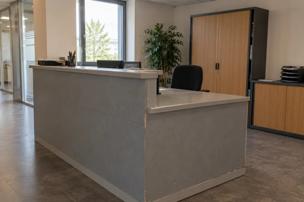 Banque d'accueil de bureaux au stratifié gris usé et écaillé