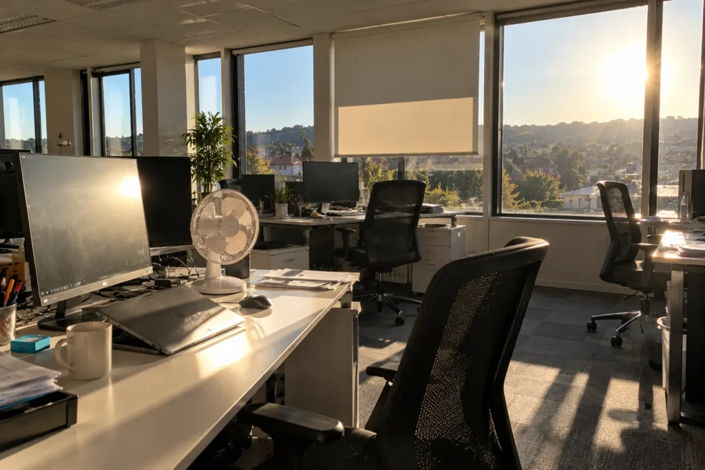 Open space de bureaux exposé à l'ouest, soleil rasant sur les postes de travail et les écrans