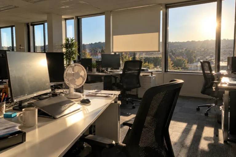 Open space de bureaux exposé à l'ouest, soleil rasant sur les postes de travail et les écrans