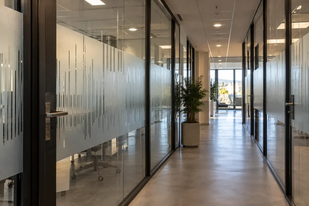 Couloir de bureaux bordé de cloisons vitrées habillées d'un film dépoli à motif de lignes verticales