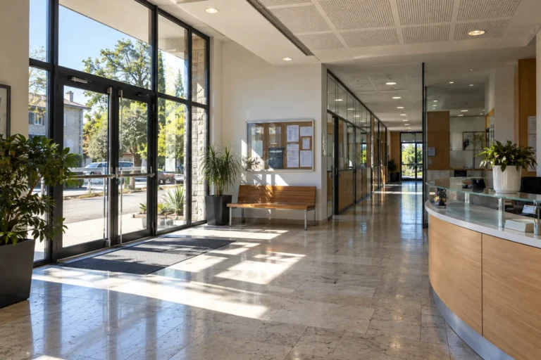 Hall d'accueil d'un bâtiment public avec portes et cloisons vitrées