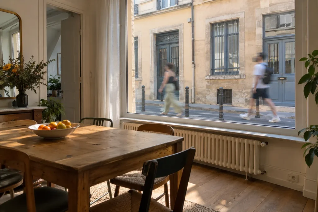 Salle à manger d'un rez-de-chaussée lyonnais exposée aux regards des passants