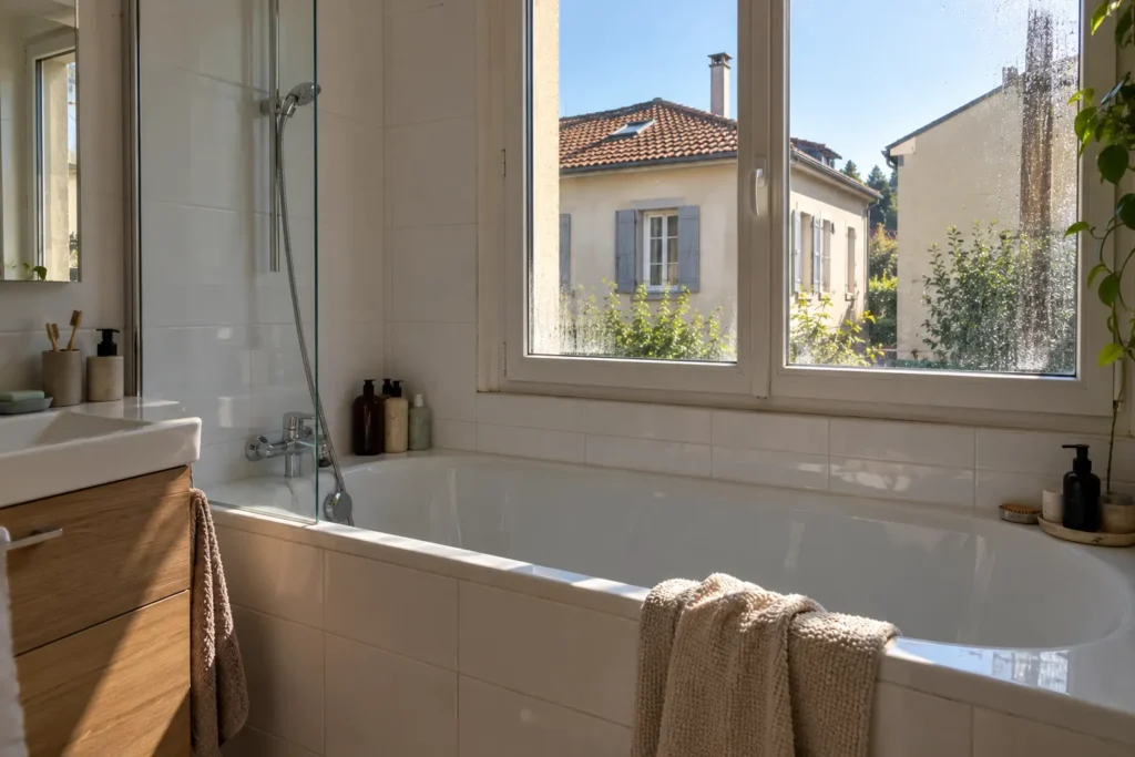 Salle de bain dont la fenêtre donne sur la maison voisine