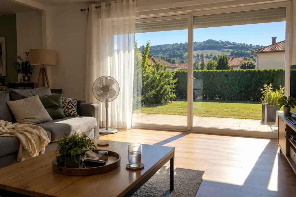 Salon d'une maison près de Villefranche-sur-Saône, grande baie vitrée plein sud et soleil d'été sur le parquet