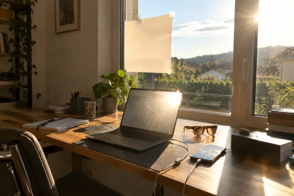 Bureau de télétravail devant une fenêtre, écran d'ordinateur ébloui par le soleil de fin de journée