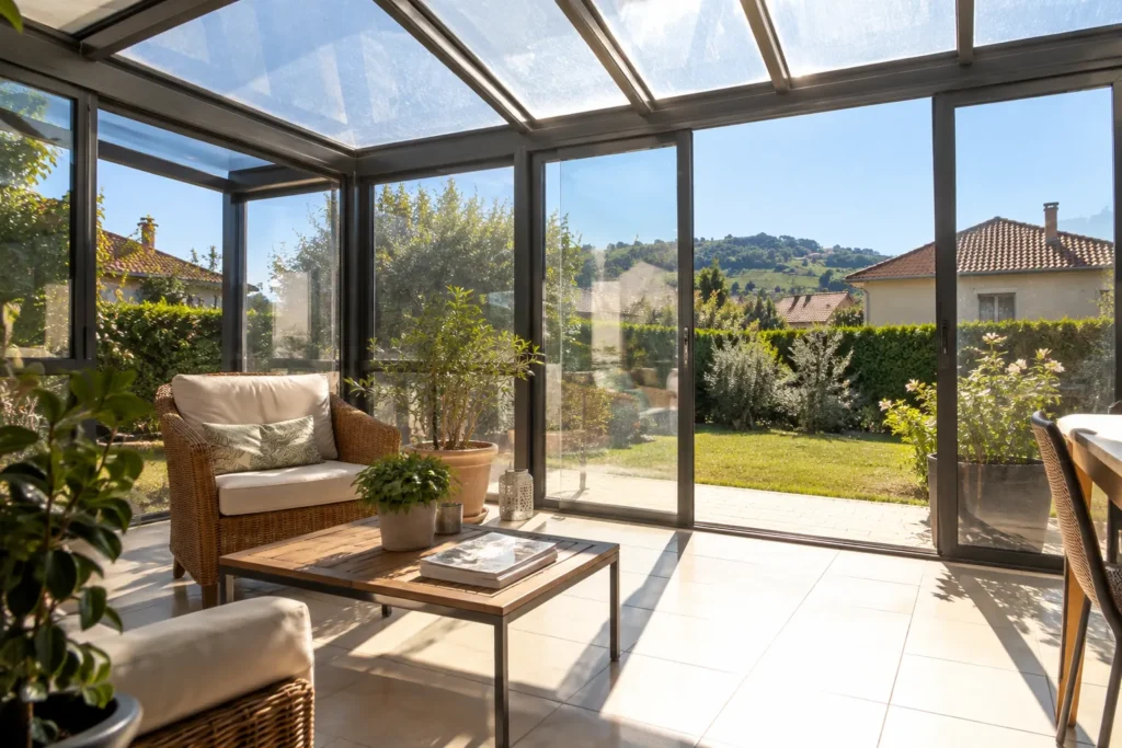 Véranda en aluminium en plein soleil d'été, toiture vitrée et jardin de pavillon