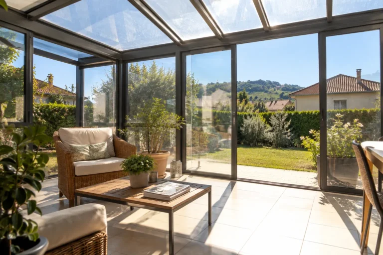 Véranda en aluminium en plein soleil d'été, toiture vitrée et jardin de pavillon