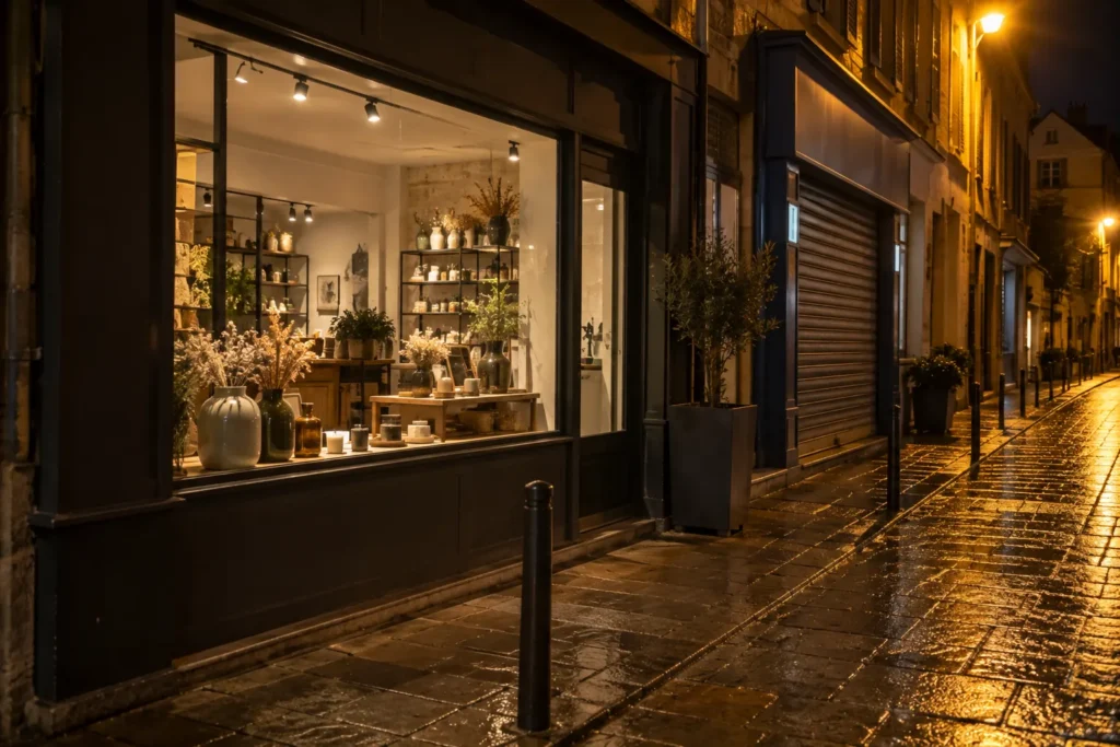 Vitrine de commerce éclairée la nuit dans une rue piétonne