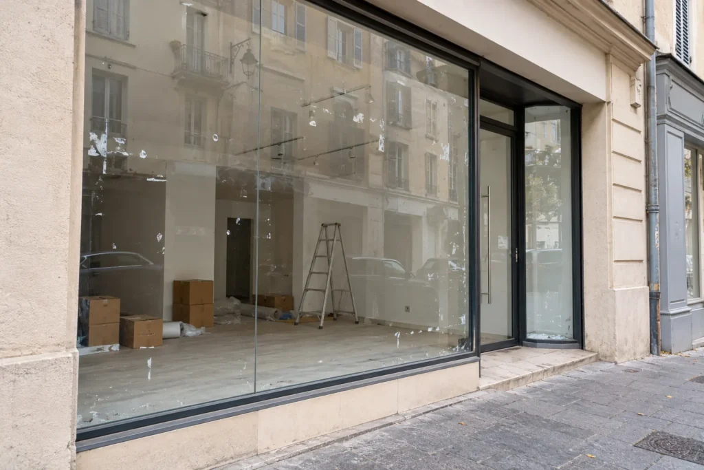 Vitrine de local commercial vide avec traces d'anciens adhésifs
